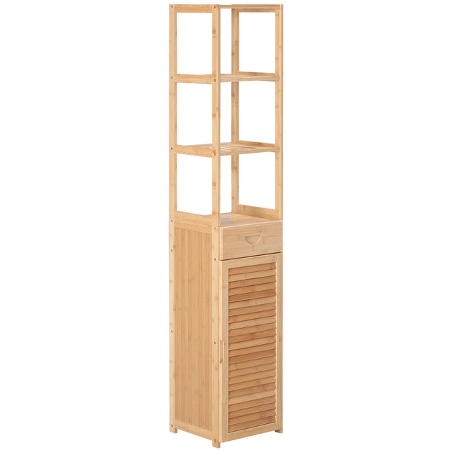 Bambus-Badezimmerschrank mit Schublade und Regalen, 32x30x163 cm