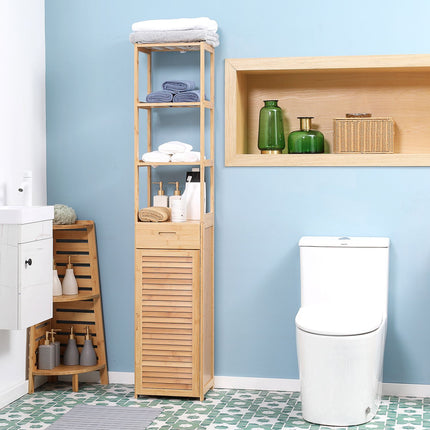 Bambus-Badezimmerschrank mit Schublade und Regalen, 32x30x163 cm
