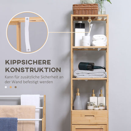 Bambus-Badezimmerschrank mit Schublade und Regalen, 32x30x163 cm