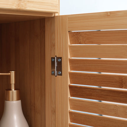 Bambus-Badezimmerschrank mit Schublade und Regalen, 32x30x163 cm