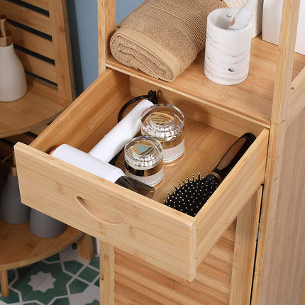 Bambus-Badezimmerschrank mit Schublade und Regalen, 32x30x163 cm
