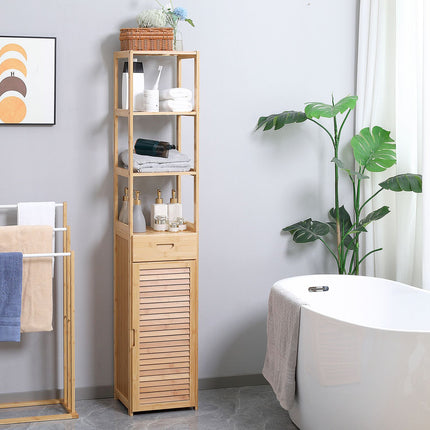 Bambus-Badezimmerschrank mit Schublade und Regalen, 32x30x163 cm