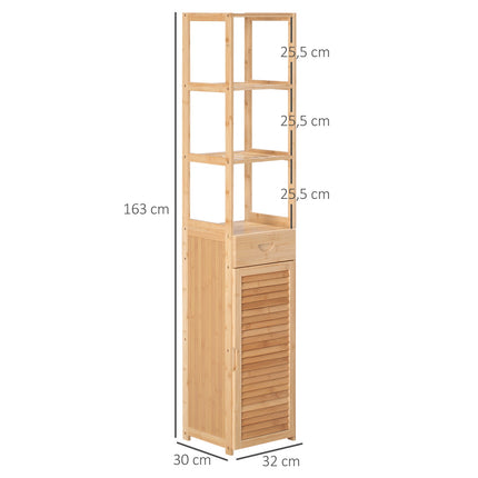 Bambus-Badezimmerschrank mit Schublade und Regalen, 32x30x163 cm