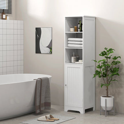 Weißer Badezimmerschrank mit 3 offenen und 1 geschlossenen Fach