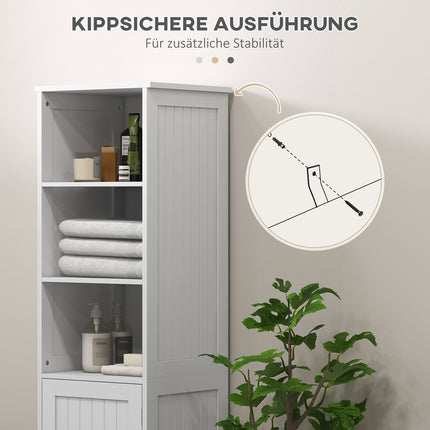 Weißer Badezimmerschrank mit 3 offenen und 1 geschlossenen Fach