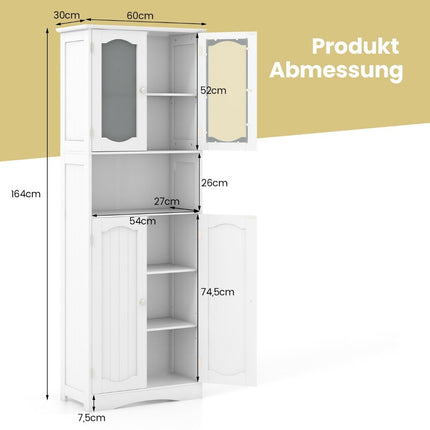 Badezimmerschrank, Hochschrank, freistehend, 4 Türen, Weiß, 60x30x164 cm