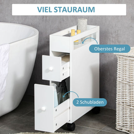 Meuble de salle de bain à roulettes, 2 tiroirs et compartiment ouvert, meuble de rangement, blanc, 16 x 49,5 x 66 cm