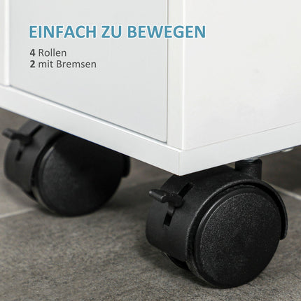 Meuble de salle de bain à roulettes, 2 tiroirs et compartiment ouvert, meuble de rangement, blanc, 16 x 49,5 x 66 cm