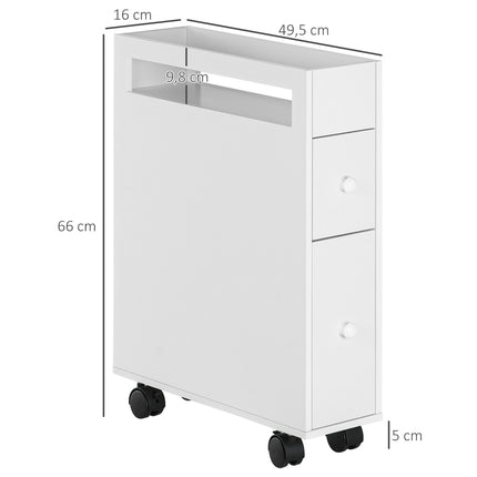 Meuble de salle de bain à roulettes, 2 tiroirs et compartiment ouvert, meuble de rangement, blanc, 16 x 49,5 x 66 cm