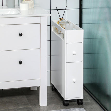 Meuble de salle de bain à roulettes, 2 tiroirs et compartiment ouvert, meuble de rangement, blanc, 16 x 49,5 x 66 cm