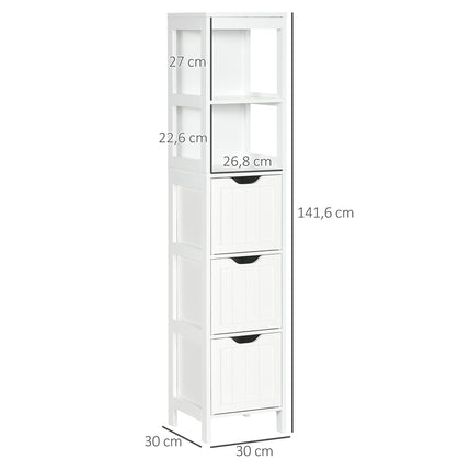 Hoher weißer Badezimmerschrank mit Schubladen und Regalen