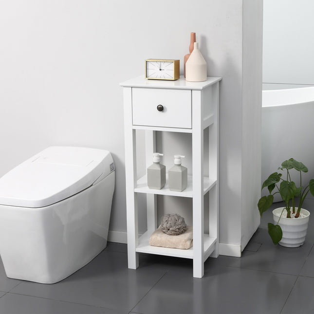 Meuble de salle de bain avec tiroir et 2 étagères, design anti-basculement, blanc, 40 x 31,5 x 90 cm
