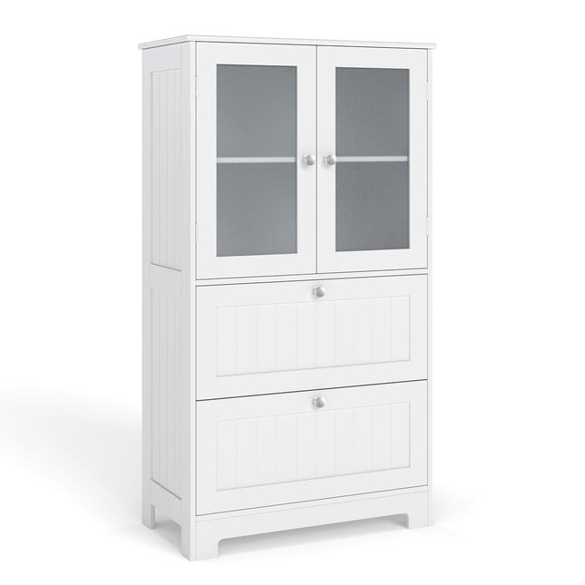 Badezimmerschrank mit 2 Schubladen & Glastüren, verstellbarer Einlegeboden