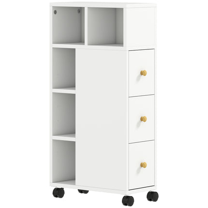 Badezimmerschrank mit Rollen, 3 Schubladen, 5 Ablagen, Weiß
