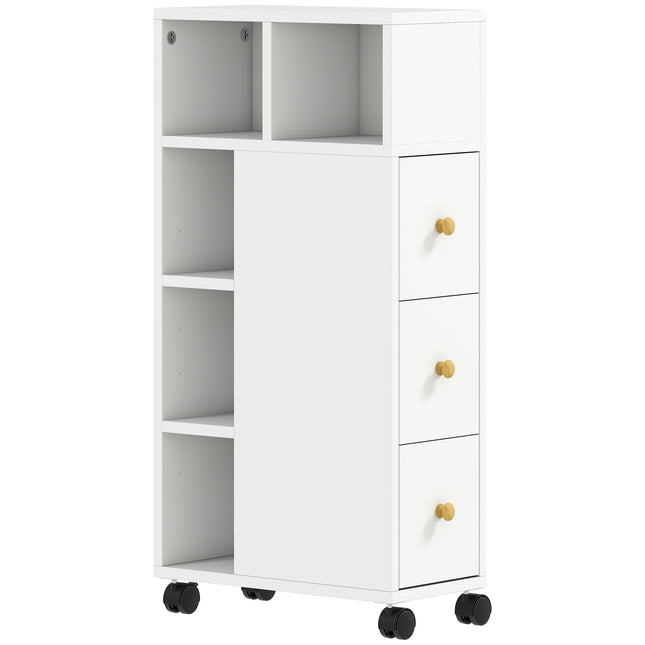 Bathroom Cabinet with Wheels, 3 Drawers, 5 Shelves, White