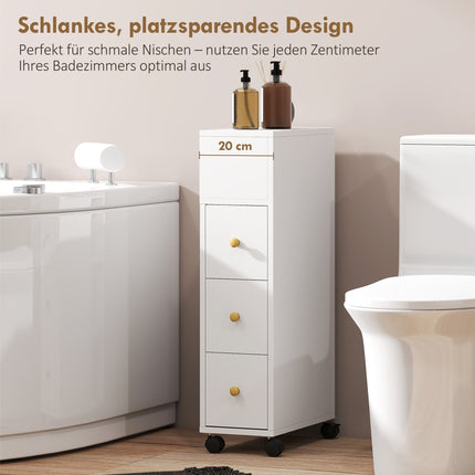 Badezimmerschrank mit Rollen, 3 Schubladen, 5 Ablagen, Weiß