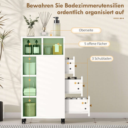 Badezimmerschrank mit Rollen, 3 Schubladen, 5 Ablagen, Weiß