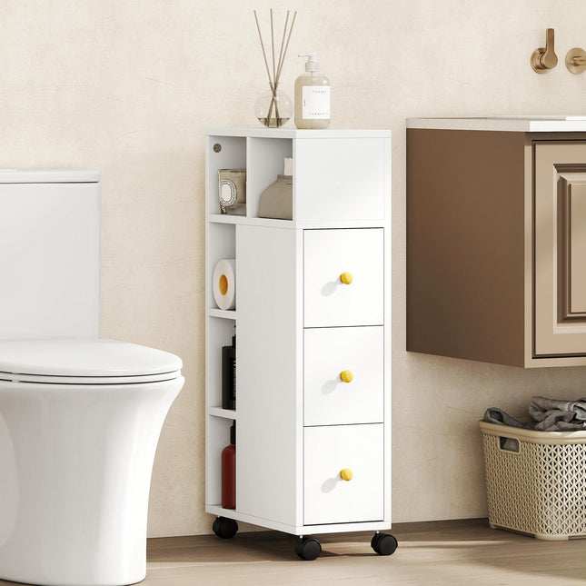 Bathroom Cabinet with Wheels, 3 Drawers, 5 Shelves, White