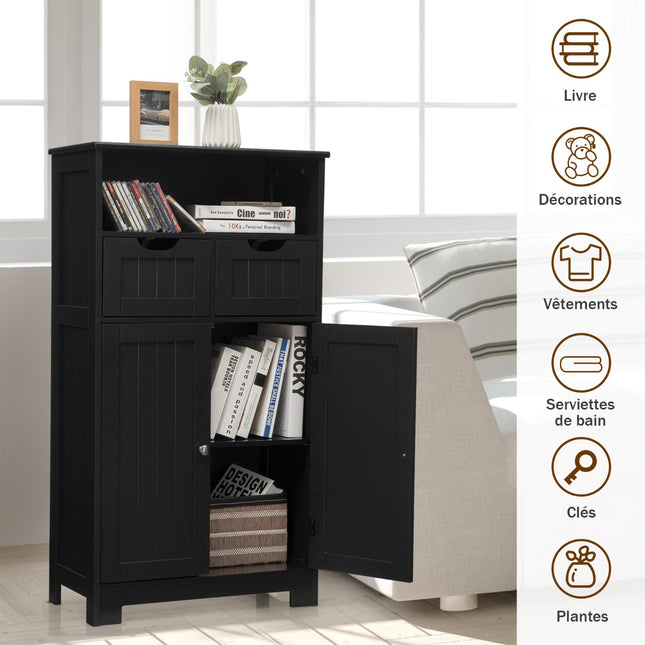 Badschrank, Offenes Regal, 2 Schubladen, Schwarz