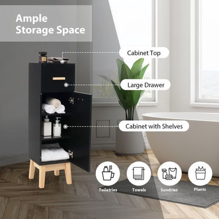 Bathroom Floor Cabinet, Sliding Drawer, Adjustable Shelves, Black
