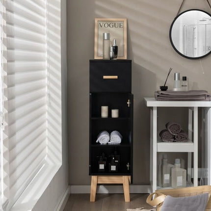 Bathroom Floor Cabinet, Sliding Drawer, Adjustable Shelves, Black