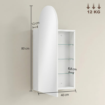 Bathroom Mirror Cabinet, Frameless Arch, Adjustable Shelves, White