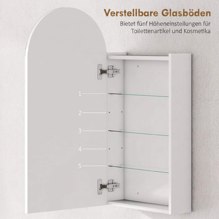 Bathroom Mirror Cabinet, Frameless Arch, Adjustable Shelves, White