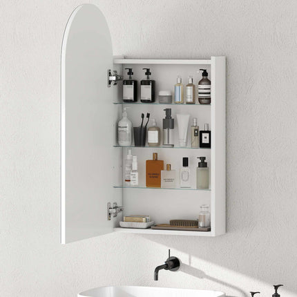 Bathroom Mirror Cabinet, Frameless Arch, Adjustable Shelves, White