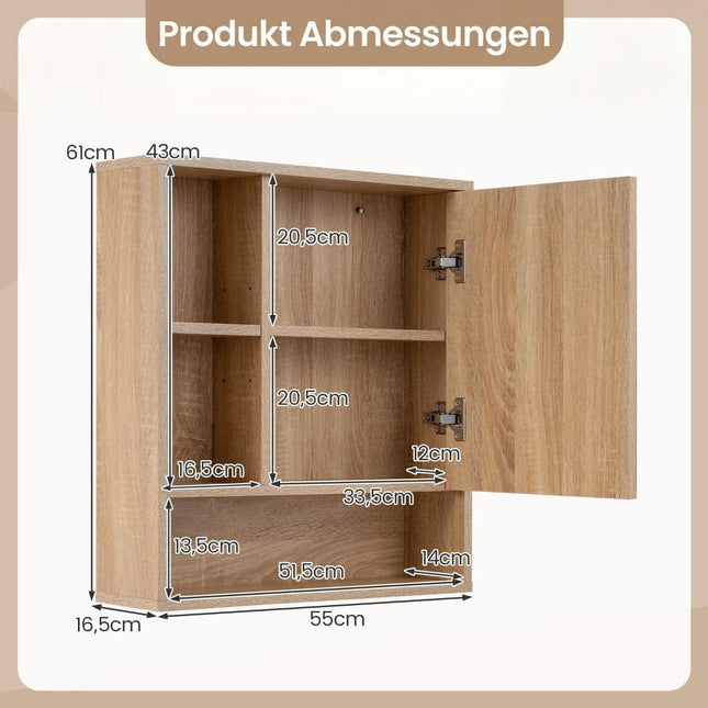 Badezimmerspiegelschrank mit verstellbaren Einlegeböden, 55x16x61 cm