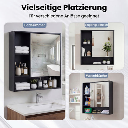 Badezimmerspiegelschrank mit Tür & 3 offenen Regalfächern, Schwarz
