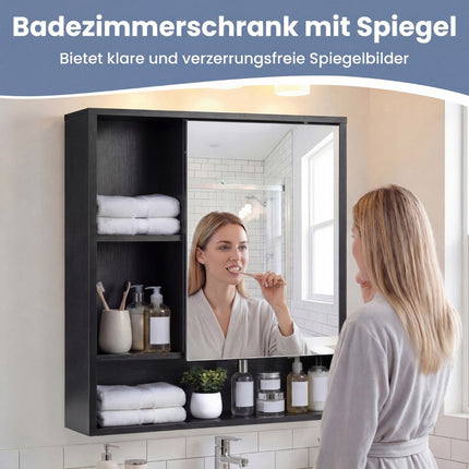 Badezimmerspiegelschrank mit Tür & 3 offenen Regalfächern, Schwarz