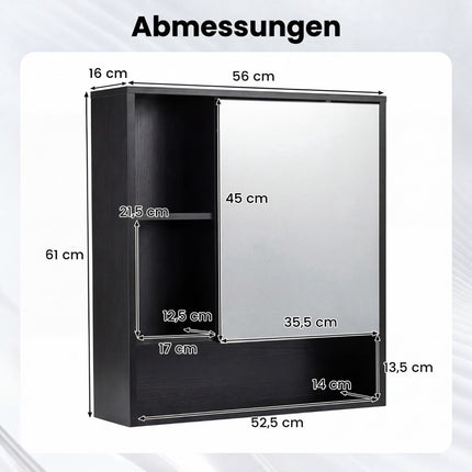 Badezimmerspiegelschrank mit Tür & 3 offenen Regalfächern, Schwarz