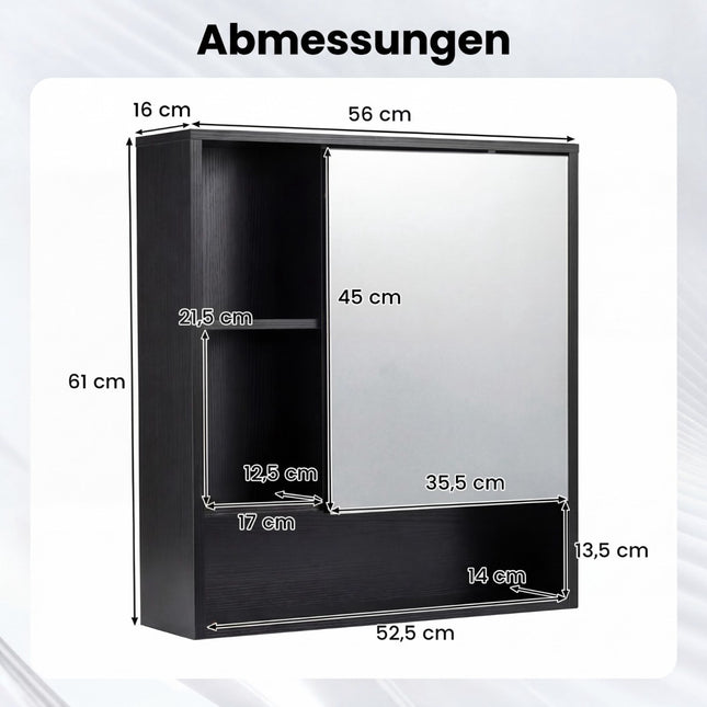Bathroom Mirror Cabinet with Door & 3 Open Shelves, Black