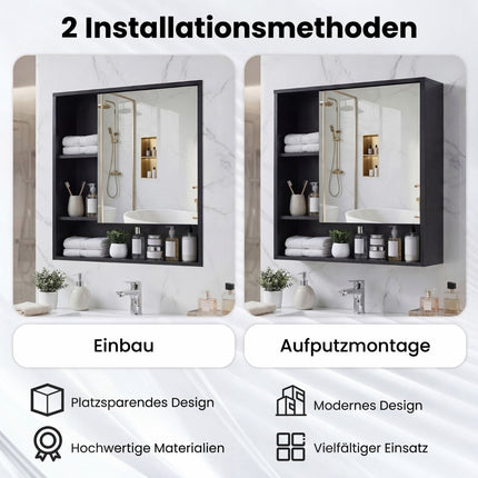 Badezimmerspiegelschrank mit Tür & 3 offenen Regalfächern, Schwarz