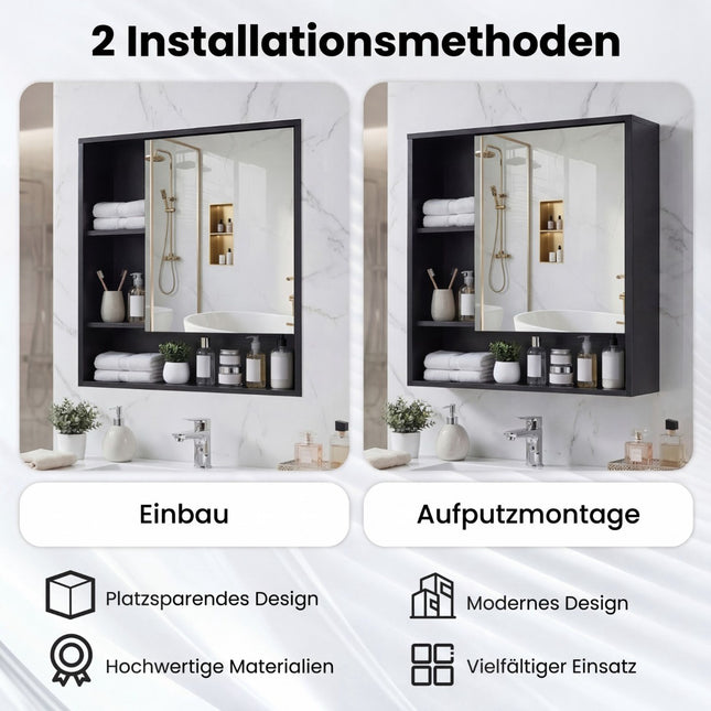 Bathroom Mirror Cabinet with Door & 3 Open Shelves, Black