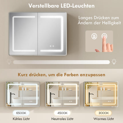 Badezimmerspiegelschrank mit LED, Antibeschlag, 80 x 60 cm