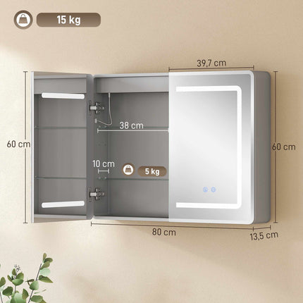 Badezimmerspiegelschrank mit LED, Antibeschlag, 80 x 60 cm