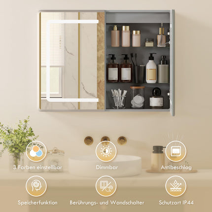 Badezimmerspiegelschrank mit LED, Antibeschlag, 80 x 60 cm