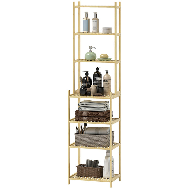 Badkamerplank, badkamerplank met 7 niveaus, staande plank, opbergplank van bamboe voor woonkamer, badkamer, natuurlijk, 44 x 33 x 180 cm Aosom