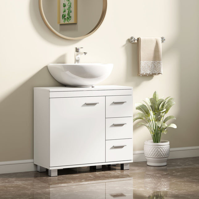 Badezimmerunterschrank, MDF, 2 Regale, 3 Schubladen, Weiß