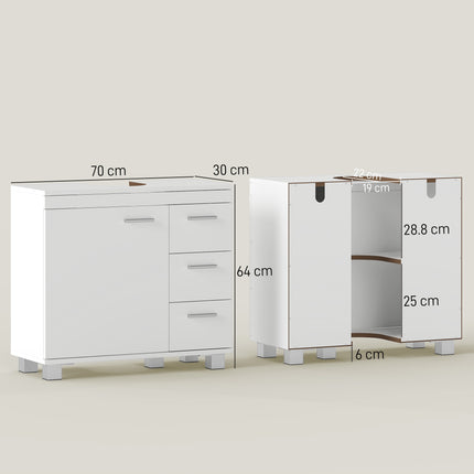 Badezimmerunterschrank, MDF, 2 Regale, 3 Schubladen, Weiß