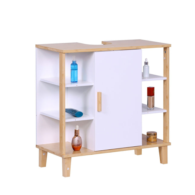 Waschbeckenunterschrank, Weißes MDF & Bambus, Ablagen & Tür