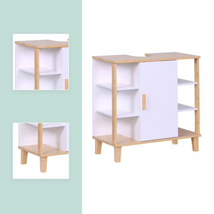 Bathroom Sink Cabinet, White MDF & Bamboo, Shelves & Door
