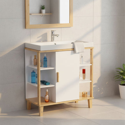 Bathroom Sink Cabinet, White MDF & Bamboo, Shelves & Door