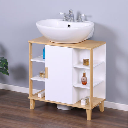 Bathroom Sink Cabinet, White MDF & Bamboo, Shelves & Door