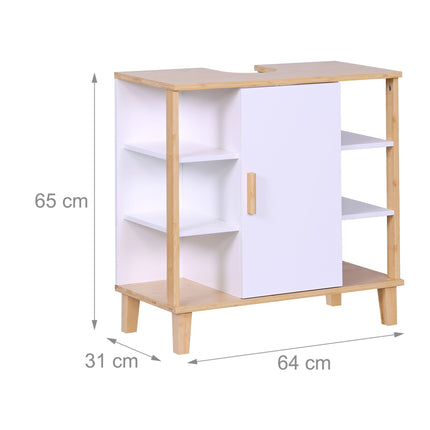 Bathroom Sink Cabinet, White MDF & Bamboo, Shelves & Door