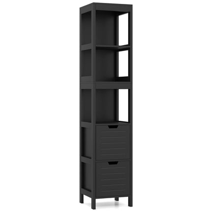Bathroom Tall Cabinet, Black MDF, 2 Drawers, 3 Shelves
