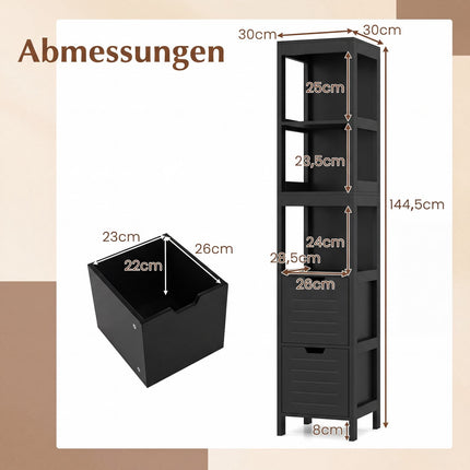 Bathroom Tall Cabinet, Black MDF, 2 Drawers, 3 Shelves
