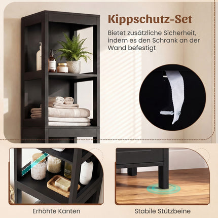 Bathroom Tall Cabinet, Black MDF, 2 Drawers, 3 Shelves