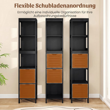 Bathroom Tall Cabinet, Black MDF, 2 Drawers, 3 Shelves